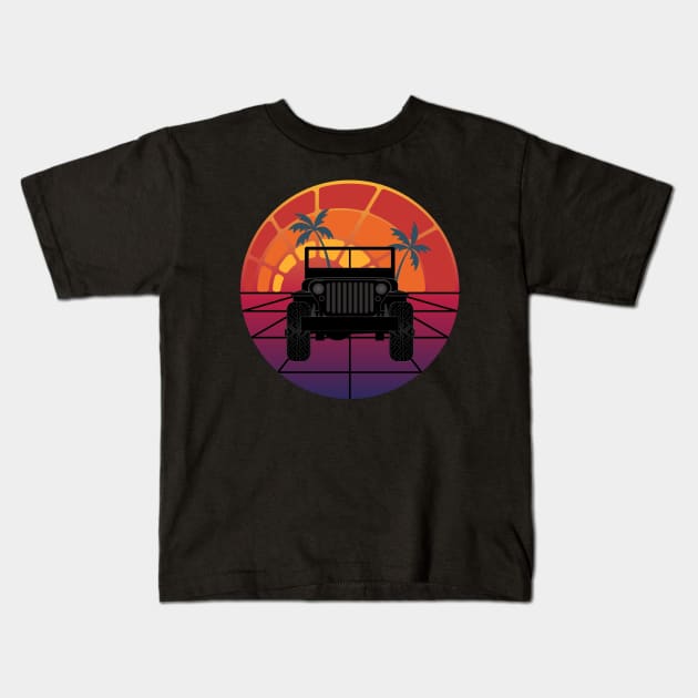 Retro Sunrise Jeep Kids T-Shirt by SunGraphicsLab